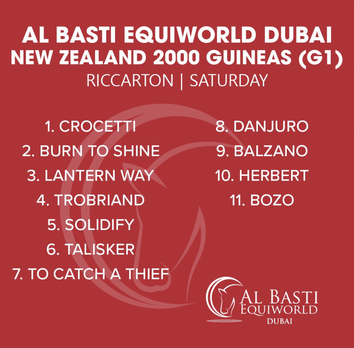 🇳🇿 We’re proud to be sponsoring the G1 Al Basti Equiworld Dubai New Zealand 2000 Guineas at Riccarton, Christchurch on Saturday. Best of luck to all those competing in this 3yo feature. #NZ2000Guineas #AlBastiEquiworldDubai