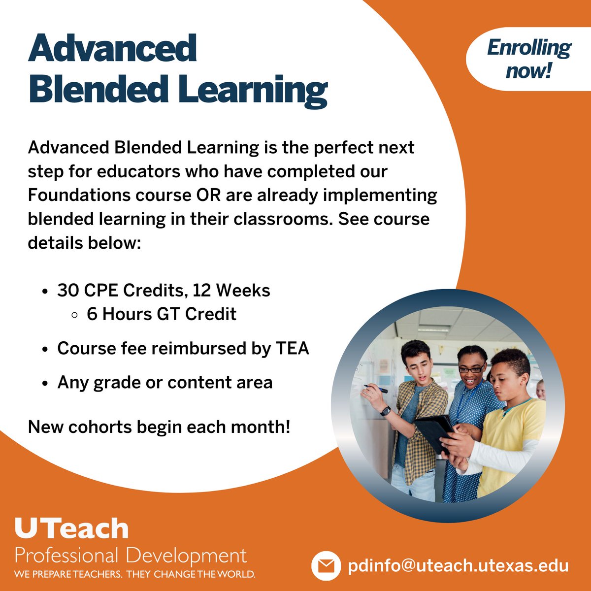 UTeachPD's tweet photo. Advanced Blended Learning is one of our most popular self-paced courses, perfect for those who have taken our Foundations course OR are already implementing #blendedlearning. We have cohorts starting every month, contact us today! 
📨pdinfo@uteach.utexas.edu https://t.co/4fbzQQQ1P4