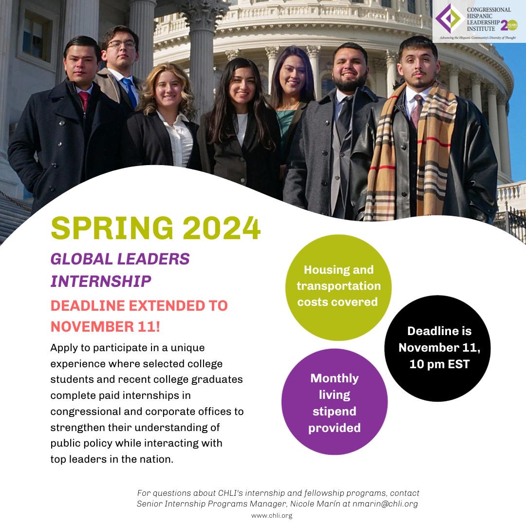 📢Internship Alert!📢

See below for information on the <a href="/TheCHLI/">Congressional Hispanic Leadership Institute (CHLI)</a>'s Spring 2024 paid internship program! 👇