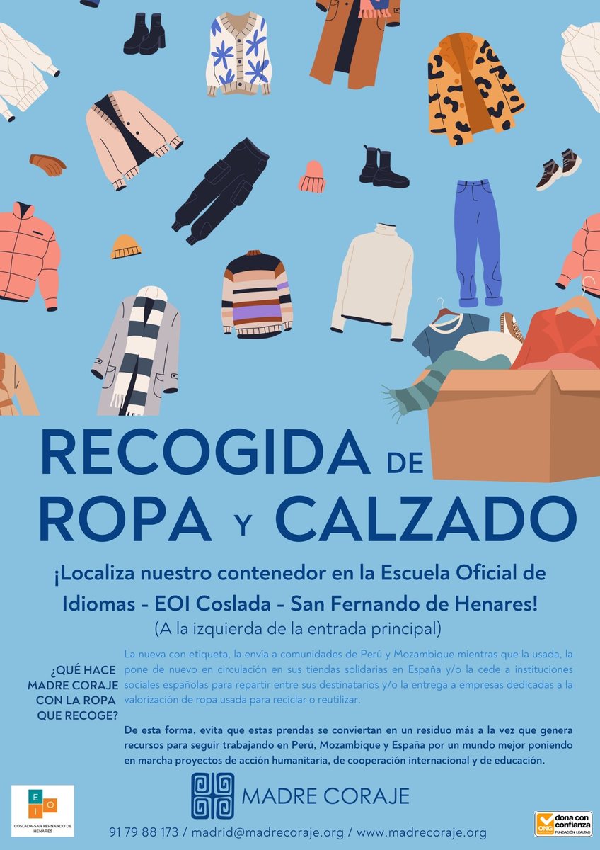 La directora del centro utiliza por primera vez el contenedor de recogida de ropa y calzado depositado por la asociación Madre Coraje en la EOI y Cepa. Podéis entregar ropa y calzado que no utilizáis, que esté limpio y no en mal estado.Está al lado del aparcabicis. Muchas gracias