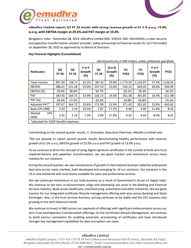 niveyshak's tweet image. eMUDHRA 
LTP: 453

- Price action bullish build on higher time frames, keep strict SL as we are buying near top 
- Healthy ratios + debt free business
- Decent promoter holdings, risk is it has gone down slightly with FII/DII reduced stake but public increased 

#emudhra
