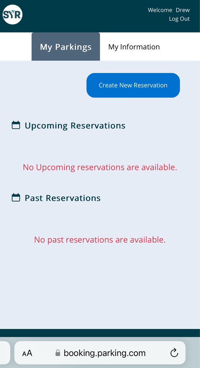 drew4709's tweet photo. @SyracuseAirport I just booked parking for February and set up an account. I see the charge on my CC but my account shows no parking reservations. 
Please help me out. https://t.co/9YTR8qO7gw