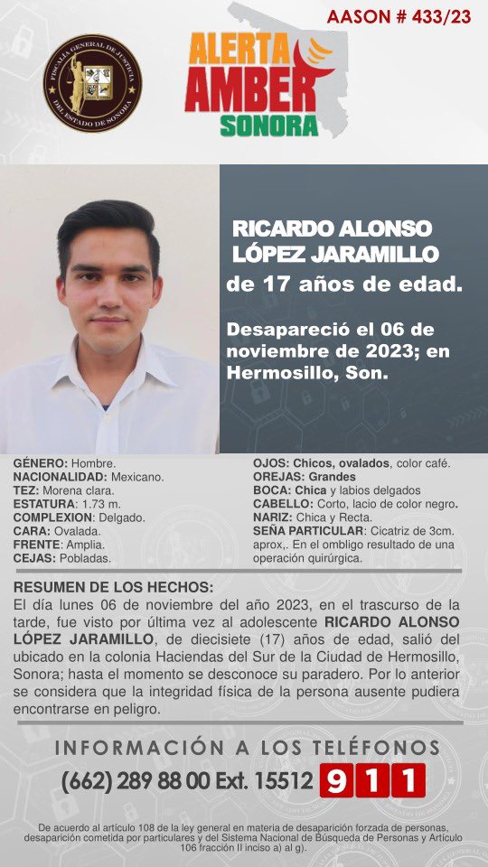 fgjesonora's tweet photo. 🚨SE ACTIVA ALERTA AMBER SONORA PARA BÚSQUEDA y LOCALIZACIÓN  de RICARDO ALONSO LÓPEZ JARAMILLO de 17 años de edad, desapareció en Hermosillo, Sonora🟤

✨De antemano, muchas gracias por su contribución y apoyo a su difusión🙌📲🖥️📰👀

https://t.co/fJCu7ogW2A https://t.co/4c0pxFwWND