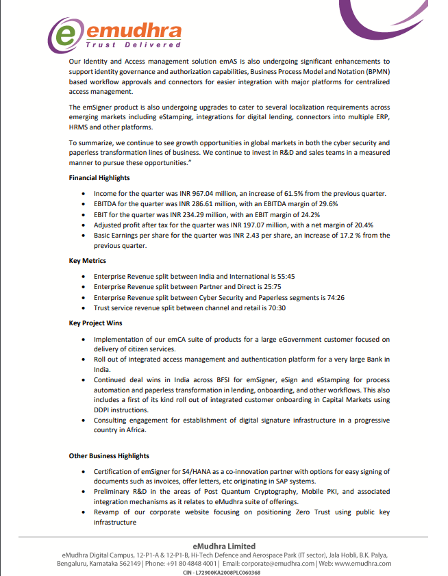 niveyshak's tweet image. eMUDHRA 
LTP: 453

- Price action bullish build on higher time frames, keep strict SL as we are buying near top 
- Healthy ratios + debt free business
- Decent promoter holdings, risk is it has gone down slightly with FII/DII reduced stake but public increased 

#emudhra