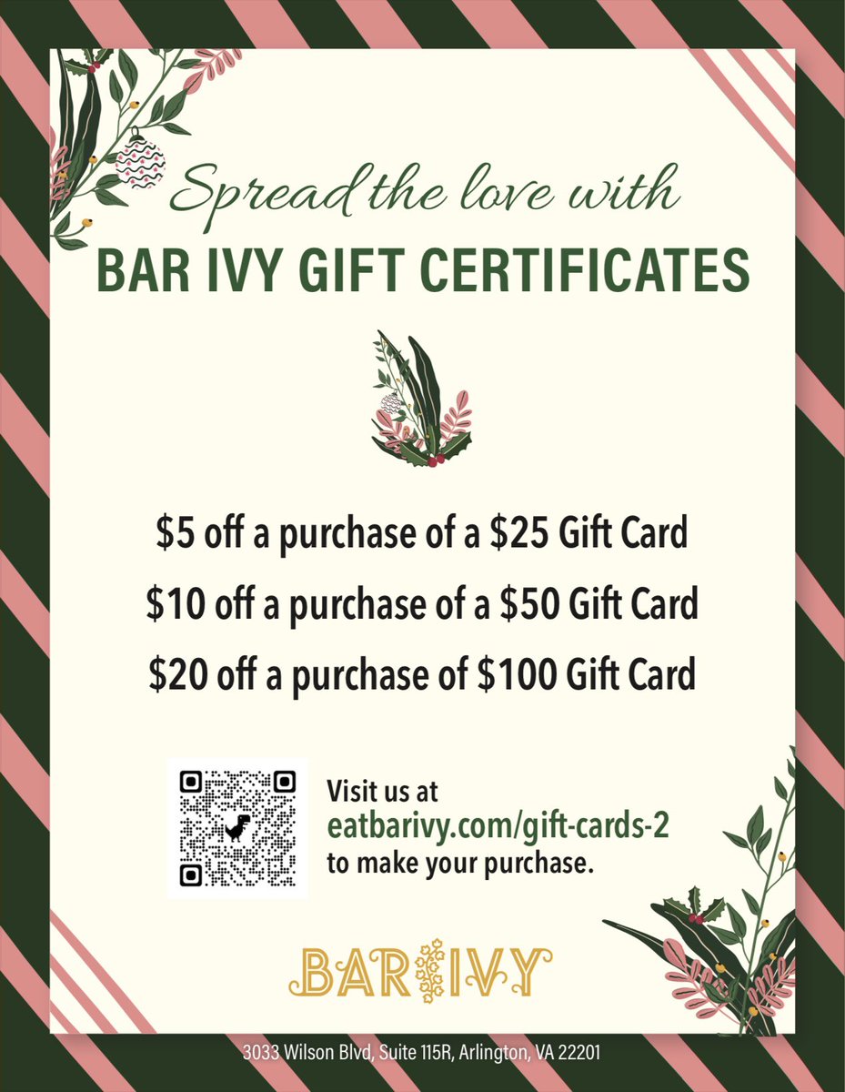 it’s about that time to start thinking about holiday gifts… share the love of Bar Ivy with your favorite food lover! 🎁

BONUS ✨ we’re taking 20% off gift cards!

promo codes
GCHoliday25 ($5 off $25)
GCHoliday50 ($10 off $50)
GCHoliday100 ($20 off $100)

eatbarivy.com/gift-cards-2