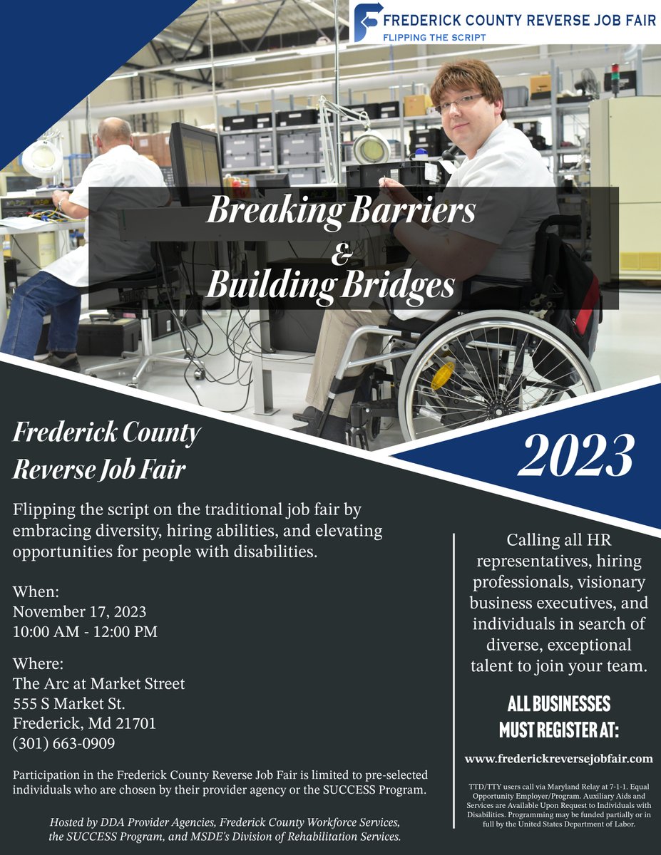 #FrederickMD Businesses... Join us next week (11/17) for the Reverse Job Fair. Work the room to meet the talent you're seeking. Participants have expressed interest in Culinary, Warehouse, Retail, Hotel, Production, Office/Clerical, and more! FrederickReverseJobFair.com
