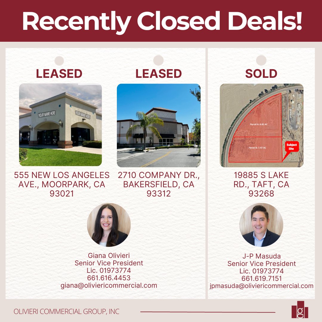 OCG16's tweet photo. Our agents are ON IT! 🔥

Take a look at just a few of the deals our agents closed recently!

Call our office at 661-327-1200 if you’re ready to list your property!

#oliviericommercialgroup #deals #lease #sale #commercialrealestate #bakersfield #taft #losangeles #cre https://t.co/LOkrNRLLfj