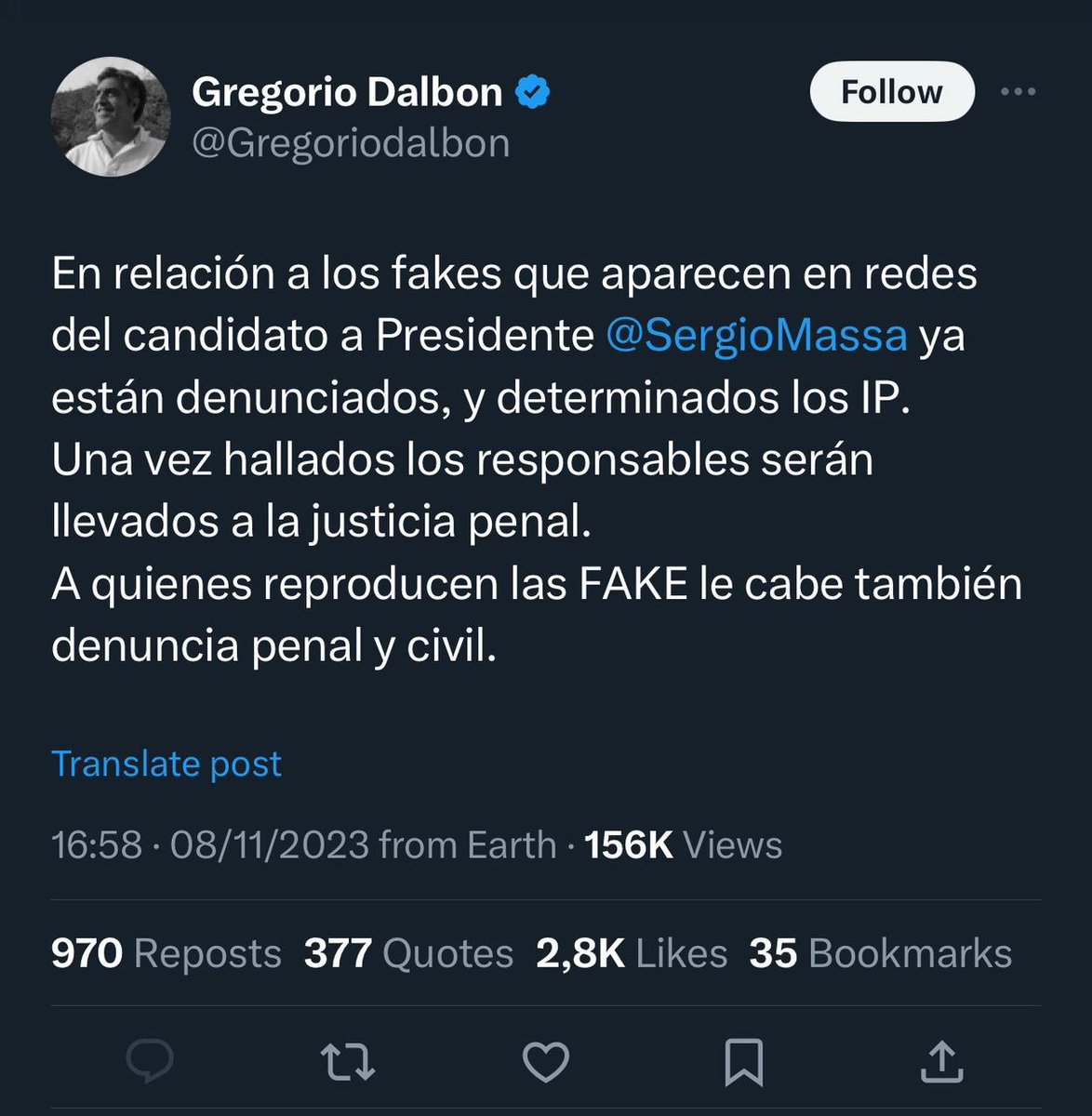 Enloqueció Massa. Quiere meter presos a todos los que publicaron el video suyo todo reventado en Córdoba.