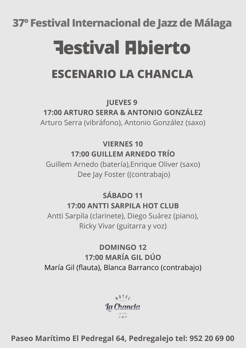 ¡Jazz en directo! 🎶

💙 Desde mañana y hasta el domingo 12, os esperamos en nuestra terraza para disfrutar del ritmo del Abierto Jazz.

⏰ Todos los conciertos a partir de las 17.00h