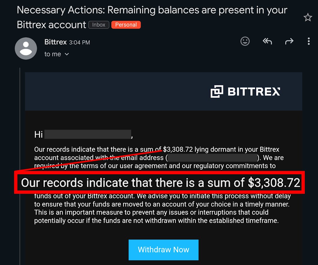 wallet_guard's tweet photo. Bittrex sent emails to its users informing them to withdraw their funds after a settlement with the SEC was reached to seize operations in the US.

Users have begun receiving emails like the one below to withdraw funds. It LOOKS like its from Bittrex.. but let's look closer.. 👀 https://t.co/mxjqeSBVlM