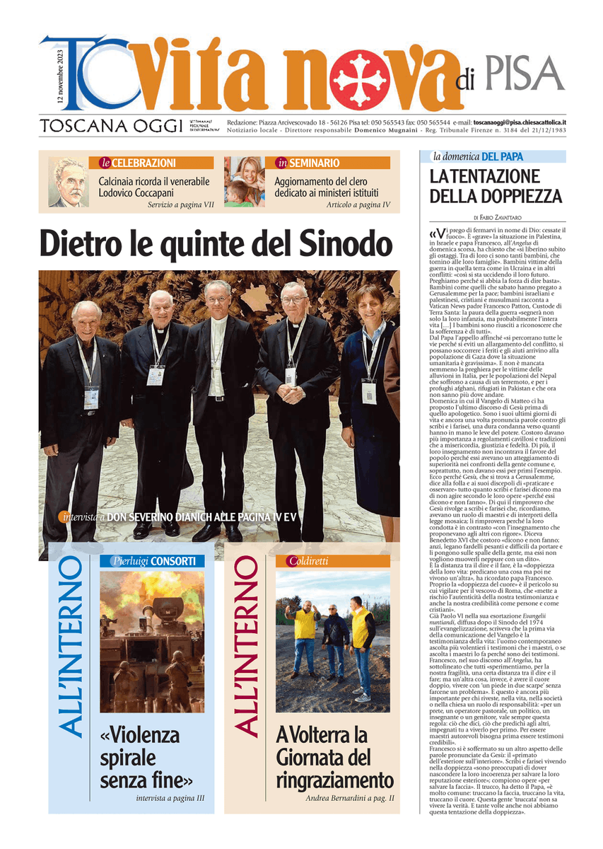 È in distribuzione il numero di <a href="/ToscanaOggi/">Toscanaoggi</a>/#VitaNova datato domenica 12 novembre. Ecco la #primapagina del dorso dell'#ArcidiocesidiPisa.
📰🏡 Per ricevere ogni settimana a casa il settimanale e conoscere le offerte in corso: 050.565543-055.2776634 - abbonamenti@toscanaoggi.it.