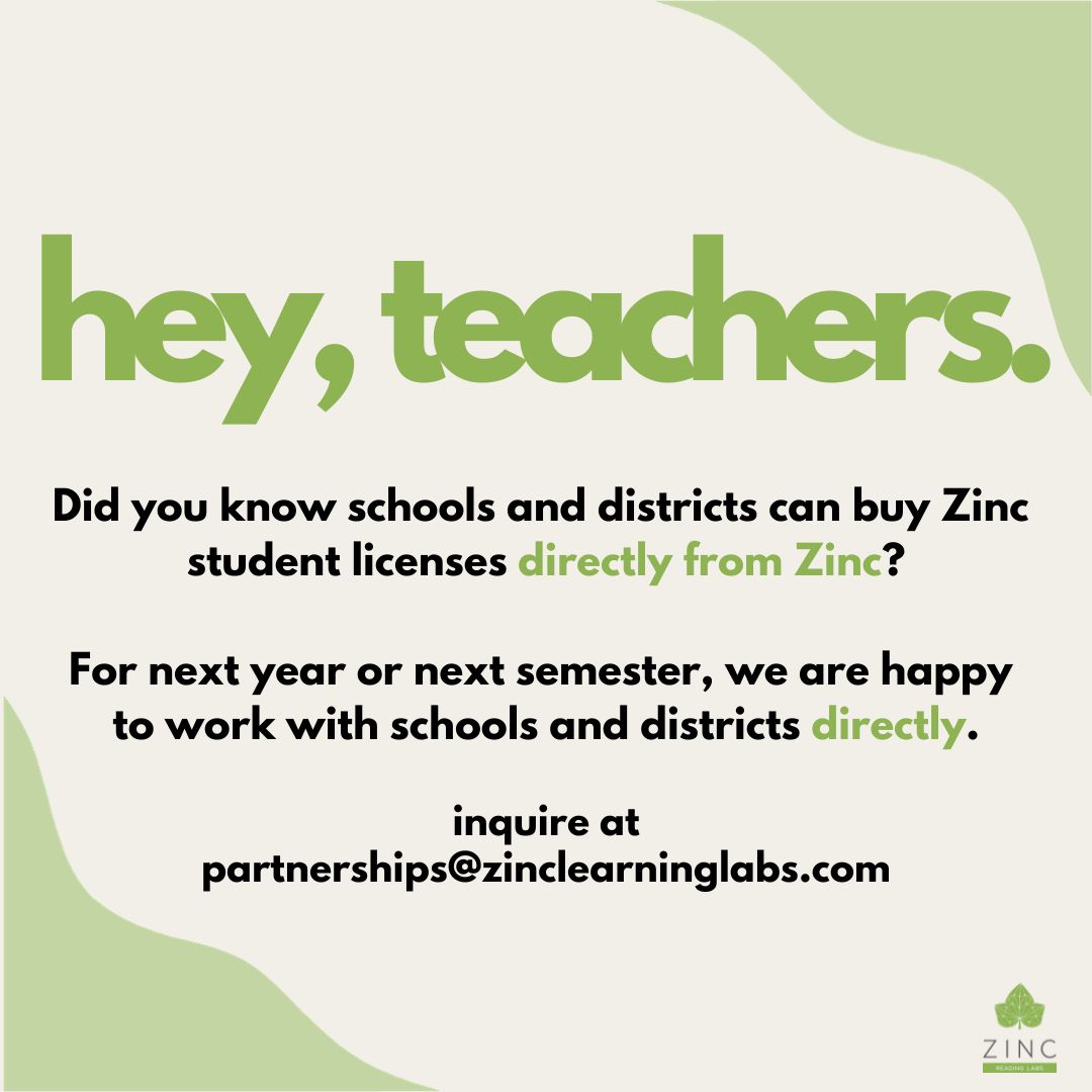 ZincLearning's tweet image. Did you know?
Schools and districts can buy Zinc student licenses directly from Zinc.
Interested in learning more? Click here: zinclearninglabs.com/sales