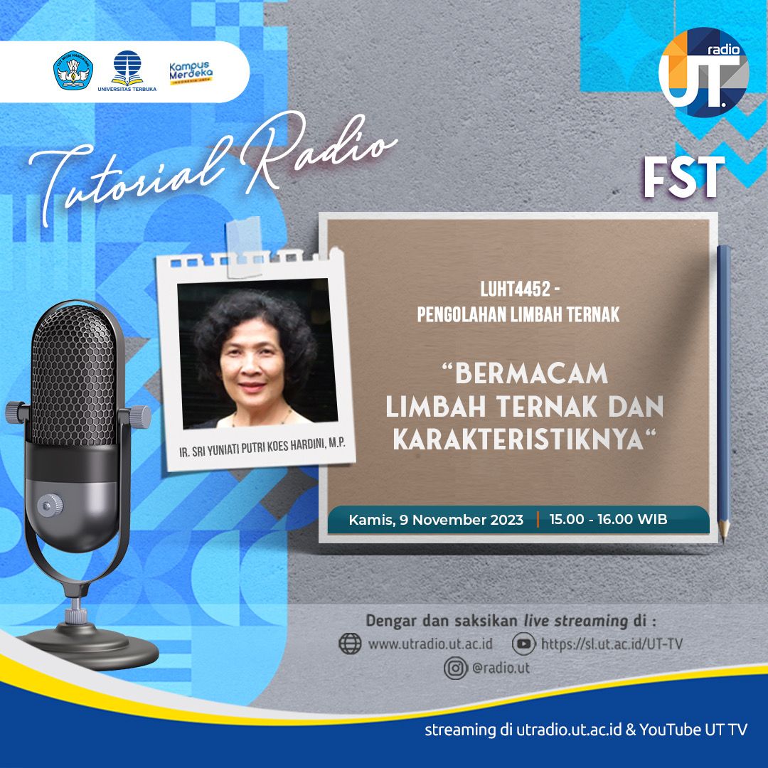 UnivTerbuka's tweet photo. Kamis, 9 Nov'23 pkl 15.00 - 16.00 WIB, UT Radio https://t.co/Tryu6mtOaf menyiarkan #TutorialRadio FST "Bermacam Limbah Ternak dan Karakteristiknya".
Saksikan jg di UT TV https://t.co/dWrAMntnO7
Bertanya ke DM IG @ radio.ut
#UniversitasTerbuka #UTRadio #UT_TV #LimbahTernak https://t.co/HR23Pd5TLd