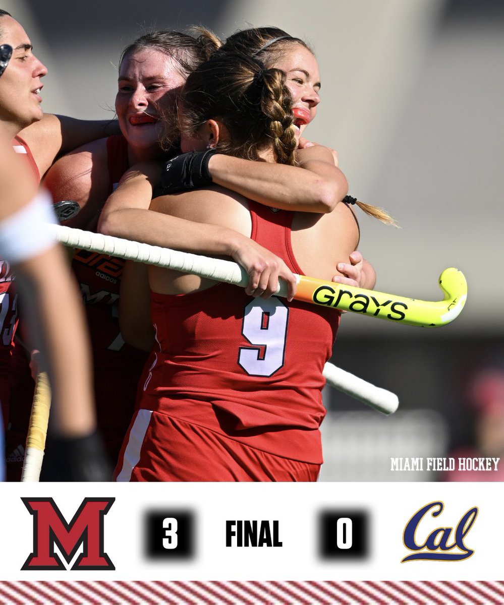 MiamiOH_FH's tweet image. Miami defeated Cal Berkley 3-0 in the opening round of #NCAA and will head to the Sweet 16 on Friday against Northwestern.  Today’s goals were scored by Claudia Negrete Garcia (2) and Carlie Servis (1). 
#RiseUpRedHawks | #MiamiFieldHockey