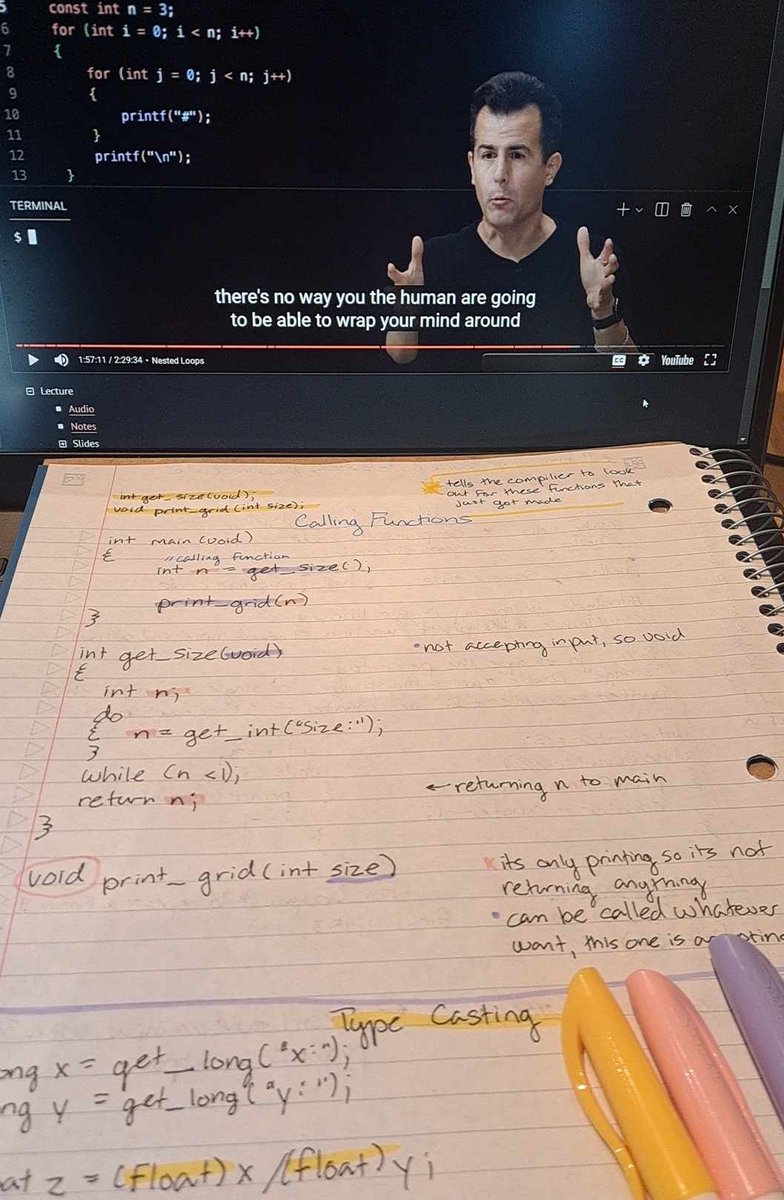 Psych2Code's tweet image. Day 33 #100DaysOfCode 
✅Reviewed #CS50 Week 1 videos
✅Redid practice problems

I don’t have my old notebook with my well-written notes anymore🙃 I’m having to rewrite my notes in a new notebook. 

David Malan is making a face about it, I don’t know what it means.