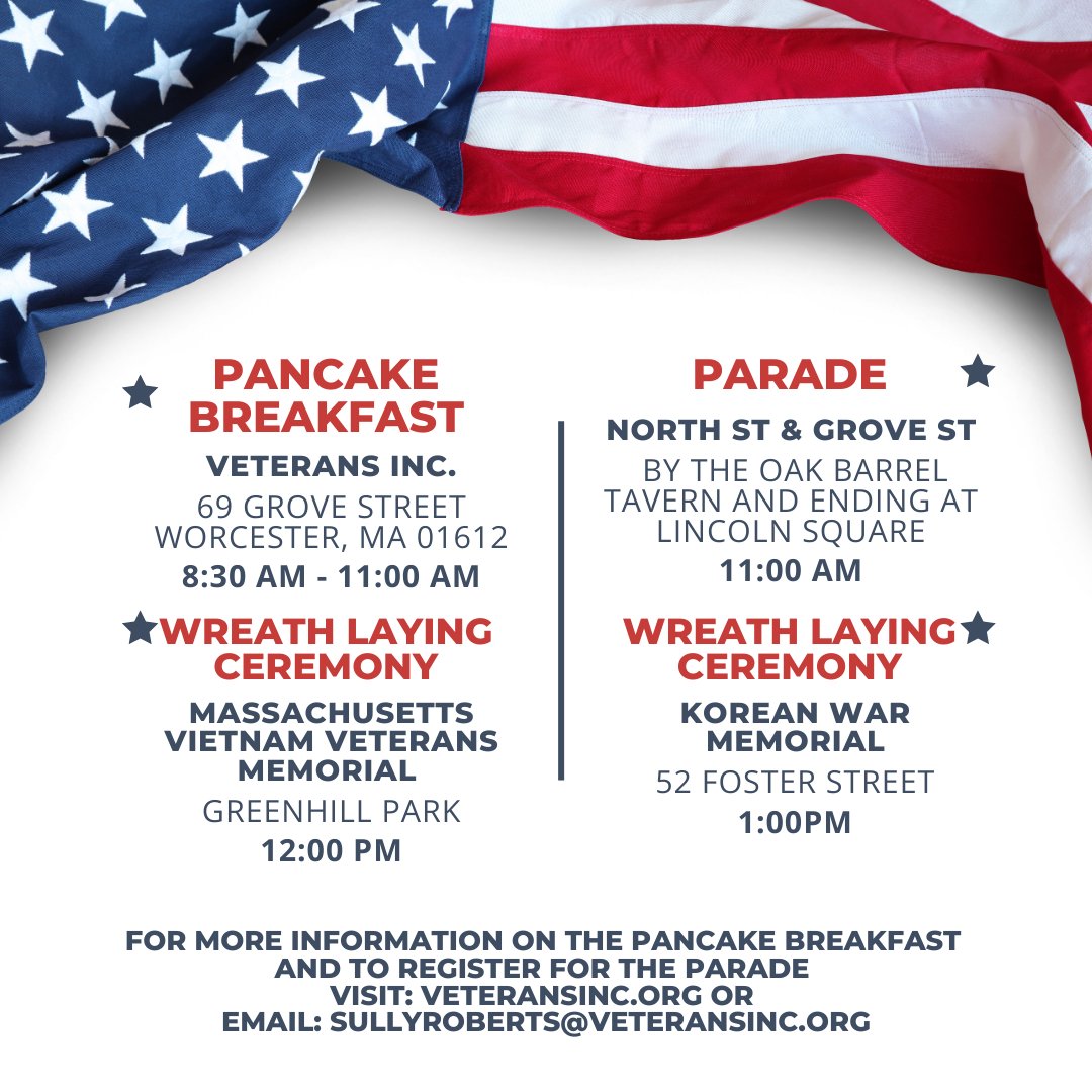 The City of Worcester’s Veterans Service Division and Veterans Inc. will host the 70th annual Veterans Day Ceremony and 105th Observance of Armistice Day on Saturday, November 11 with events from 8:30 a.m. - 2:00 p.m.

Learn more: 
worcesterma.gov/announcements/…