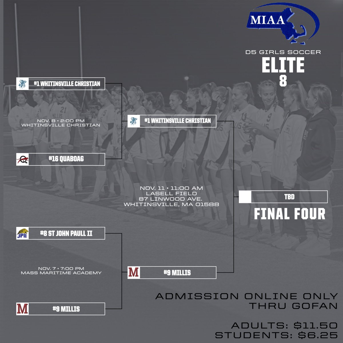 <a href="/MIAA033/">MIAA</a> D5 Girls Soccer Elite 8 is set for Saturday, 11/11 @ #1 <a href="/WCS_crusaders/">WCS ATHLETICS</a>.  Tickets only thru <a href="/GoFanHS/">GoFan</a>.  WC will not be providing live stream.