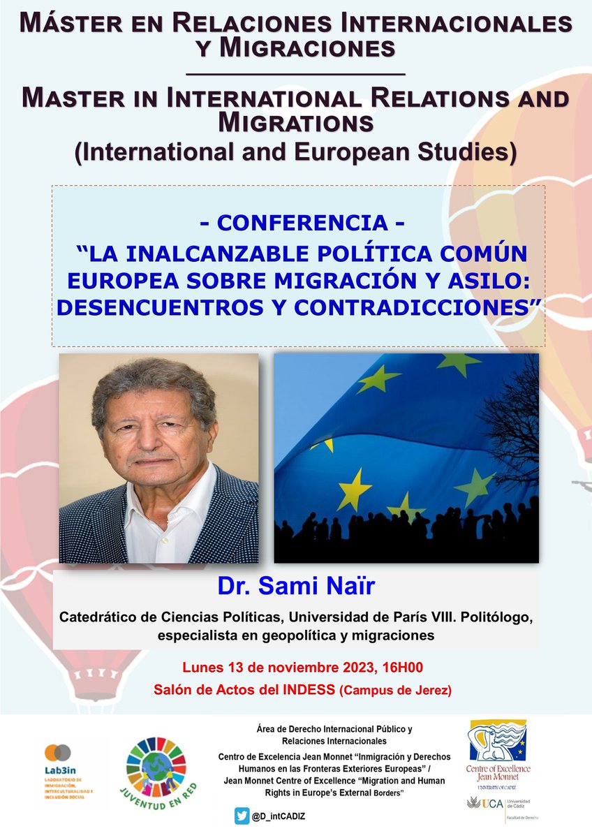 Tenemos el placer de tener al gran experto europeo en migraciones, Sami Naïr en la UCA y de co-organizar su conferencia junto con <a href="/D_intCADIZ/">DInternacional Cádiz</a>
El proyecto Juvenred de <a href="/AndaluciaJunta/">Junta de Andalucía</a> <a href="/CooperacionAND/">AACID</a>
<a href="/INDESS_Cadiz/">INDESS_Cádiz</a>
Se transmite también online 🧵👇🏿