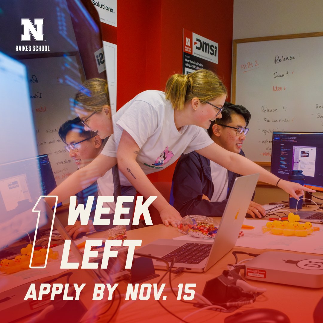 High school seniors—have you applied for the Raikes School yet? Applications for Cohort 2024 officially close ONE WEEK from today!

Design your future at the Raikes School. Applications are due November 15, apply at raikes.unl.edu/apply-online 💻 📝

#RaikesSchool #Apply #UNL