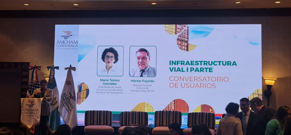 InfoCatransca's tweet photo. #CATRANSCA en el evento de @AmChamGT #SectorLogístico “Navegando en tiempos de crisis en Guatemala” un espacio de diálogo para identificar soluciones efectivas para la movilidad, disertando el estado actual de las carreteras 🛤️ y los tiempos ⏱️de operación del transporte.🚛 https://t.co/7yq8wv6Jer