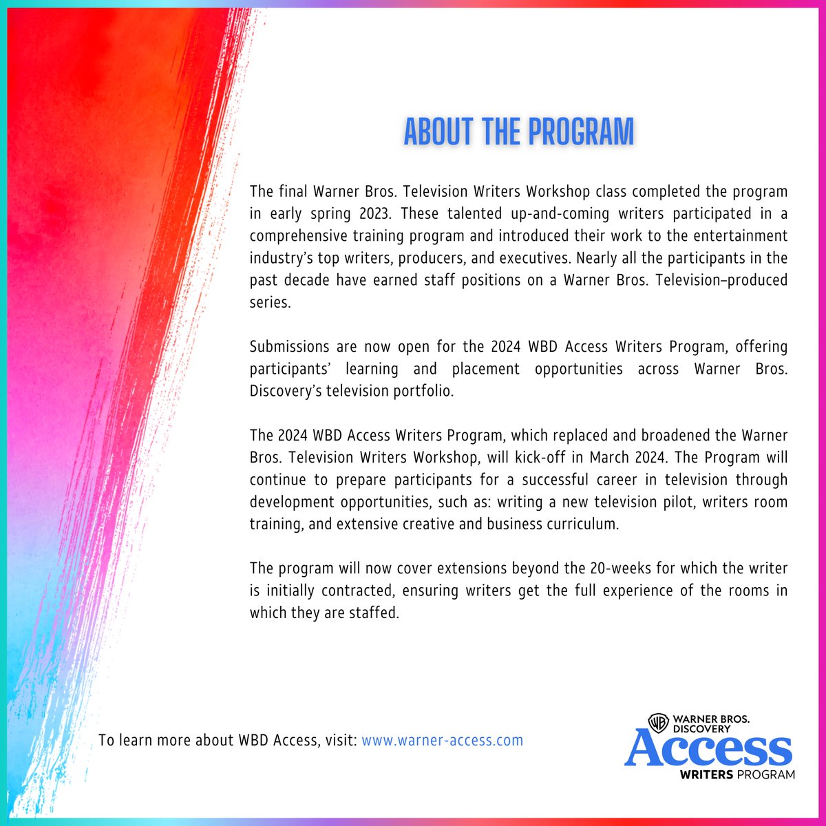 WBDAccess's tweet photo. Check out our link in bio to learn more about the 2024 WBD Access Writers Program.

#WBDAccess
#WBDAccessWritersProgram
#WarnerBrosDiscoveryAccess
#WarnerBrosDiscovery
#InclusionMatters
#RepresentationMatters
#ShapeYourStoryHere https://t.co/egnUT7ALcO