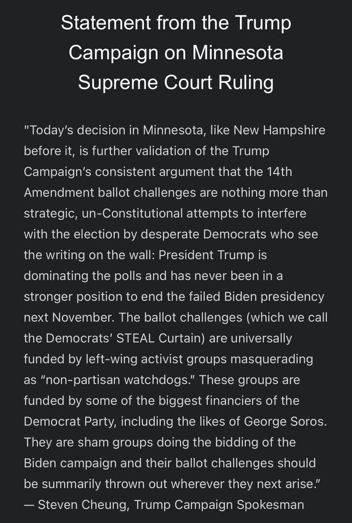 NEW from @TheStevenCheung: “Today’s decision in Minnesota, like New Hampshire before it, is further validation of the Trump Campaign’s consistent argument that the 14th Amendment ballot challenges are nothing more than strategic, un-Constitutional attempts to interfere with the…