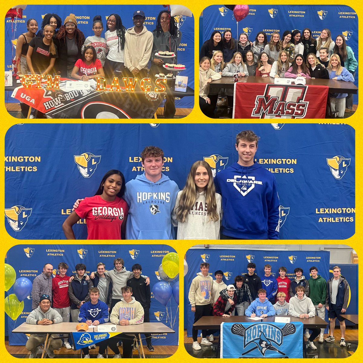 Lexington Athletics (@lexminutemenath) on Twitter photo A day known to many but earned by few! CONGRATS to our LHS student-athletes signing their NLI’s today!💙💛
Hannah Ward-Field Hockey
UMASS
Nyla Aquino-Gymnastics
University of Georgia
Sean Crogan-Lacrosse
Johns Hopkins University 
Vince Libretto-Baseball
University of Delaware A day known to many but earned by few! CONGRATS to our LHS student-athletes signing their NLI’s today!💙💛
Hannah Ward-Field Hockey
UMASS
Nyla Aquino-Gymnastics
University of Georgia
Sean Crogan-Lacrosse
Johns Hopkins University 
Vince Libretto-Baseball
University of Delaware