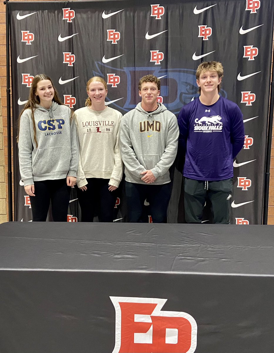 EPActivities's tweet image. Congratulations to these 4 Eagles on signing their National Letter on Intent today!

Brooke Nicklaus - Concordia SP - Lacrosse
Caroline Larsen - Louisville - Swimming
Zach Peta - U of Sioux Falls - Baseball
Nick Thompson - UMD - Baseball