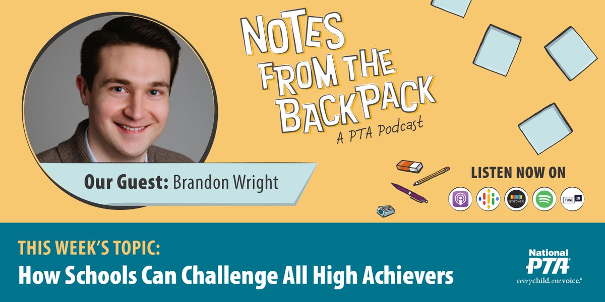 NationalPTA's tweet image. Join Kisha and Helen as they interview Brandon Wright on the #NotesFromTheBackpack podcast about how schools can challenge high achievers. Listen to the full podcast at bit.ly/PodcastEp76.
#BackpackNotes