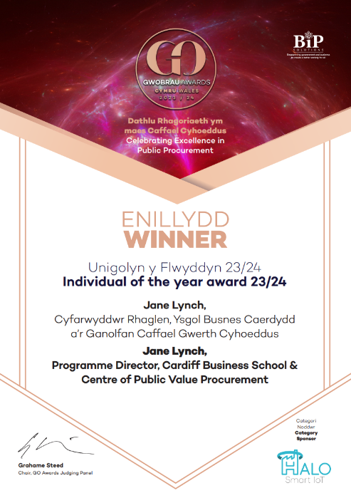 Individual of the Year 2023/24 / Unigolyn y Flwyddyn 2023/24 

Sponsor/Noddwr: Halo Smart IoT 

Winner / Enillydd: Dr Jane Lynch - Programme Director, <a href="/cardiffbusiness/">Cardiff Business School</a> &amp; Centre of Public Value Procurement. 

Congratulations!

#GOAwardsWales #GwobrauGOCymru