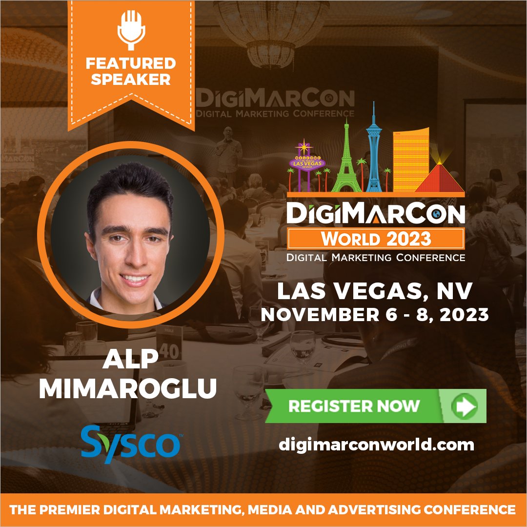 DigiMarCon's tweet photo. Get ready for a dose of marketing brilliance! @AlpMimar from @Sysco is about to grace the stage at #DigiMarCon World, held at The Venetian Las Vegas Resort. Watch it live now: https://t.co/aUTYlujet4 #DigitalMarketing #DigiMarConWorld #LasVegas #LasVegasEvent https://t.co/x9zVhuXLpx