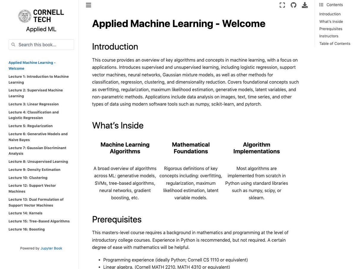 Excited to announce the newest update to the Cornell Open Applied ML course! We are releasing 16 chapters of open online lecture notes covering topics across ML: neural networks, SVMs, gradient boosting, generative models, and much more. kuleshov-group.github.io/aml-book/intro…
