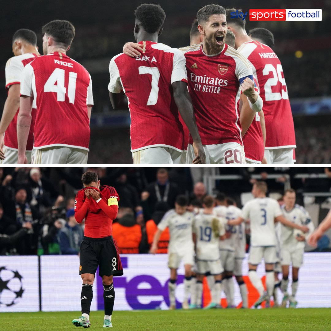 SkyFootball's tweet photo. Arsenal 2️⃣-0️⃣ Sevilla
Copenhagen4️⃣-3️⃣ Man United

The Gunners sit at the top in Group B 📈
Man United sit rock-bottom in Group A 📉 https://t.co/Xd6l5y66DG