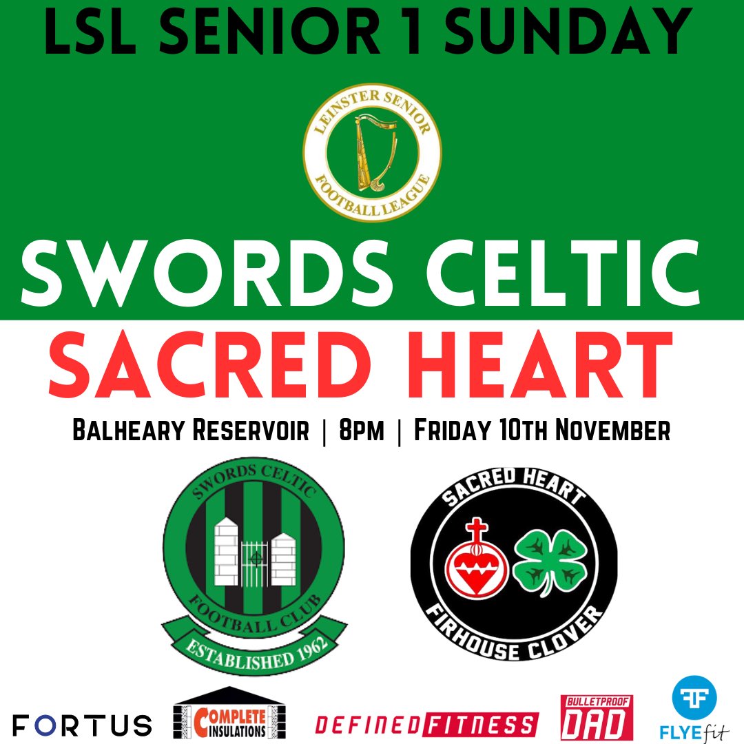 🚨 FIXTURE 🚨 

🏆 LSL Senior 1 Sunday 
⚽️ <a href="/FcSacred/">Sacred Heart Firhouse Clover</a> 
🗓 Friday 10th November
⏰ 8pm
🏟 Balheary Reservoir 

After 3 weeks of postponed games, we hope the weather Gods are finally kind enough to allow us to welcome Sacred Heart to Balheary 🙏

🟢⚫️⚔️🟢⚫️ 

#lsllivescore