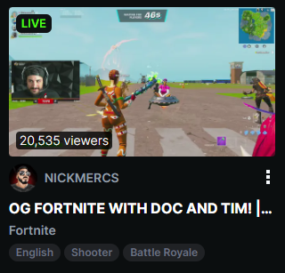 JakeSucky's tweet photo. Ninja, Dr Disrespect, Timthetatman and Nickmercs returning to OG Fortnite with some peak numbers

40k for Doc and Tim on YouTube
20k for Nickmercs on Kick
20k for Ninja on YouTube (ended his Twitch stream for Doc) https://t.co/lhqxX3vucE
