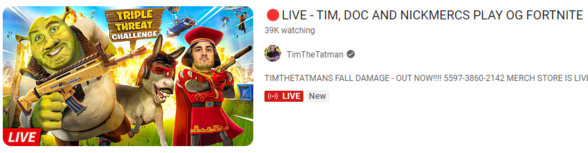 JakeSucky's tweet photo. Ninja, Dr Disrespect, Timthetatman and Nickmercs returning to OG Fortnite with some peak numbers

40k for Doc and Tim on YouTube
20k for Nickmercs on Kick
20k for Ninja on YouTube (ended his Twitch stream for Doc) https://t.co/lhqxX3vucE