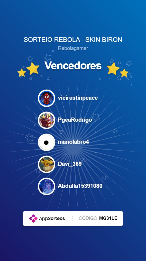 VENCEDORES DO SORTEIO DA SKIN DO BIRON GALERA...O ULTIMO SORTEADO ABDULLA NÃO CUMPRIU OS REQUISITOS E PEGUEI O PRIMEIRO SUPLENTE.

POSTEI O STORIES DO SORTEIO E AQUI ESTÁ O CERTIFICADO:
app-sorteos.com/w/MG31LE

OBRIGADO A TODOS QUE PARTICIPARAM!
