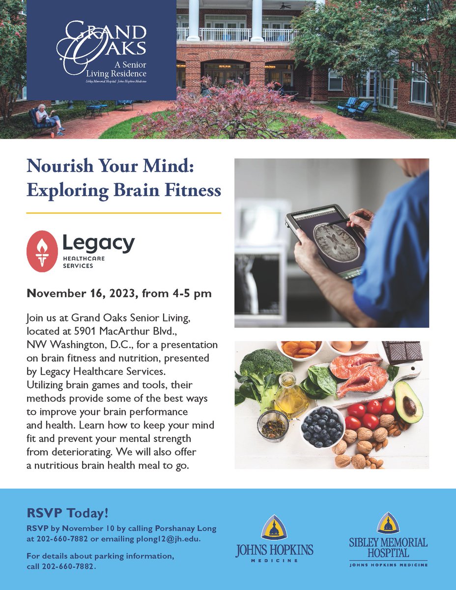 📷 Mark your calendar!

Join our team at Grand Oaks Senior Living of Washington, D.C. for a presentation on brain fitness 📷and nutrition 📷📷📷. Learn how to keep your mind fit and prevent your mental strength from deteriorating.

RSVP today! #LiveALegacy