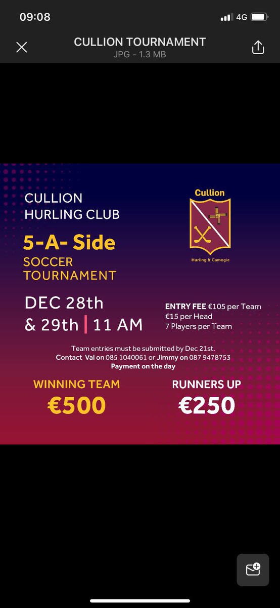 Struggling with what to do between Christmas and new year… why not round the lads and or ladies up and come to Cullion for our 5 a side soccer tournament.. Details as above.. Winners get €500 💶💶 Spread the word the more the merrier…
