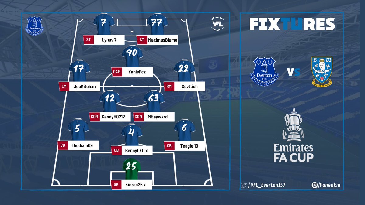 🔵 VFL Everton 🔵

This was our Line-Up for tonights game in <a href="/TheVFL_/">VFL</a> !

The boys are ready for cup fighting! 🏆🎮

🏆 I FA CUP | Round 2 🏴󠁧󠁢󠁥󠁮󠁧󠁿 
🆚️ I Sheffield Wednesday
⏰ I 8:30 uk

#FIFA22
<a href="/proclubs_weekly/">Pro Clubs Weekly</a>