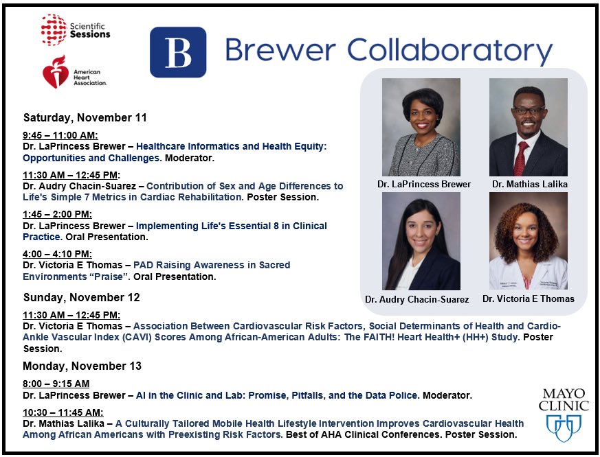 This is an amazing year for @DrLaPrincess & our brilliant & tremendously talented collaborators! We are looking forward to #AHA23 @AHAScience! ❤️🙏🏽 Full line-up on their presentations below👇🏽 @AHAScience @MayoClinicCV @mathias_lalika @Drvic_thomas @audrychacin @AHA_Research