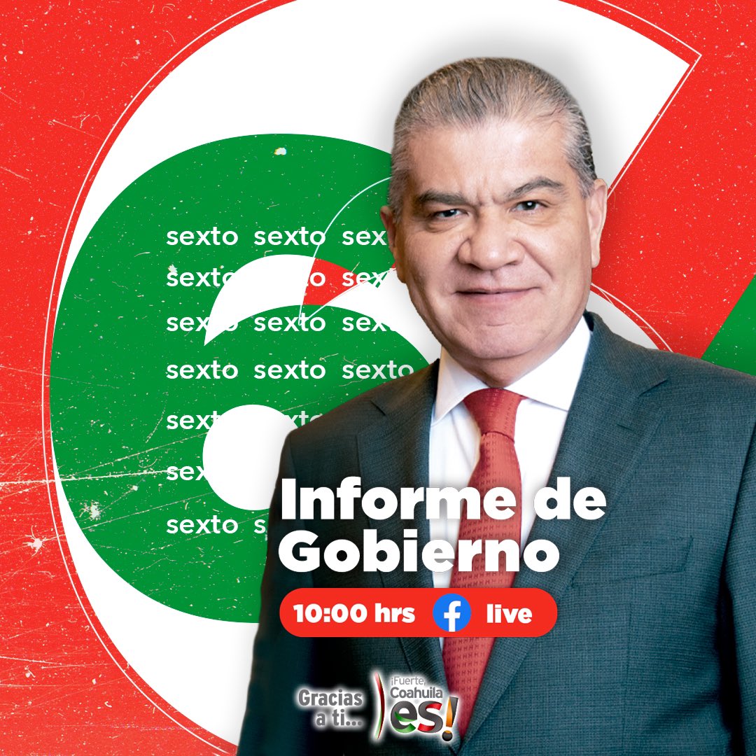 🔴⚪️🟢Acompáñame en mi sexto y último informe de Gobierno. 

🎥Fb Live 
🗓️ 9 de noviembre 
🕙 10:00 hrs. 

👏¡Gracias a ti, fuerte Coahuila es!