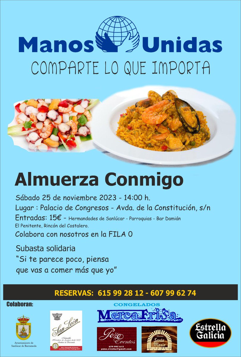 Manos Unidas organiza, el próximo Sábado 25 de noviembre de 2023, a las 14,00h, en el Palacio de Congresos, en Avda. de la Constitución s/n, un almuerzo, que será servido por los camareros voluntarios de Catering Pozo. uniondehermandadesdesanlucar.com/almuerza-conmi…