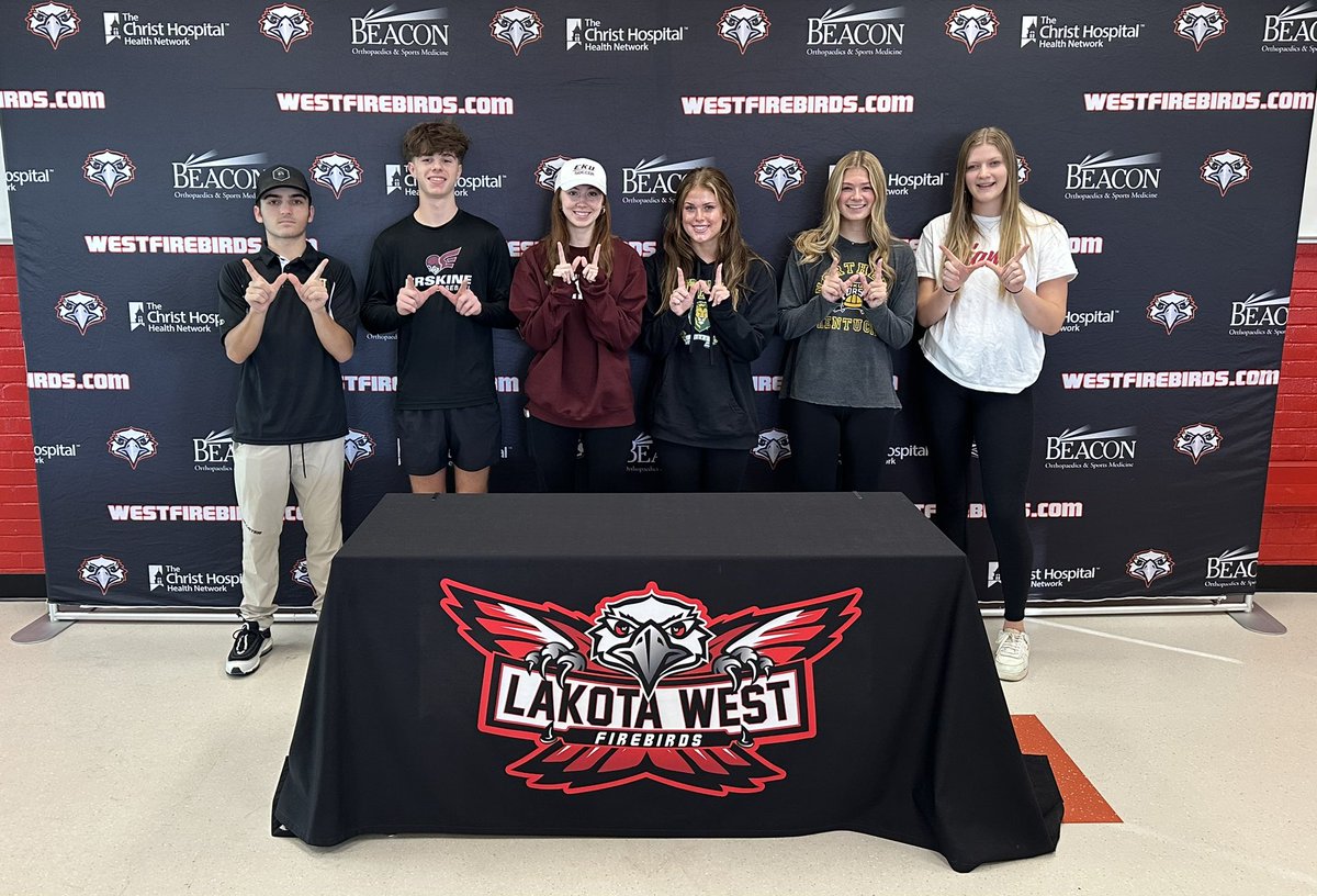 Kaufy24's tweet photo. Congratulations to Lakota West Seniors Kyle Binder, Michael Fickle, Nicki Klosterman, Natalie Krummen, Kate Wambaugh, and Jessica Walkenhorst for signing their National Letter of Intent to play at the next level!! #AAGF @FirebirdTweets @westfirebirds https://t.co/B93S0b6fp9