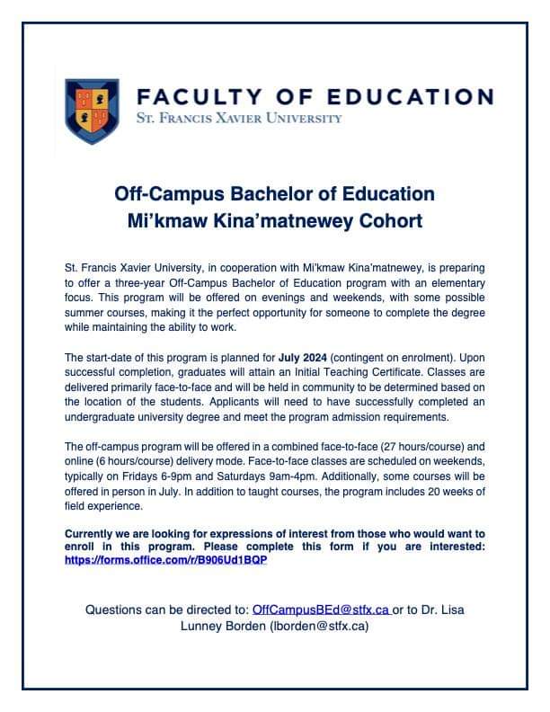 Great news!!!! @stfxuniversity is offering a Bachlor of Education degree program for Mi'kmaw learners. If you are Mi'kmaw and have an undergraduate degree, this program is for you! ❤️🖤🤍💛