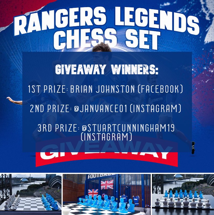 3DScotland's tweet photo. 🚨🚨 RANGERS CHESS SET GIVEAWAY WINNERS! 🇬🇧

Thanks to everyone who took part in our Rangers Legends Chess Set Giveaway!

1st Prize: Brian Johnston (Facebook) 

2nd Prize: janvance01 (Instagram)

3rd Prize: stuartcunningham19 (Instagram) https://t.co/GnDBcV5MEn