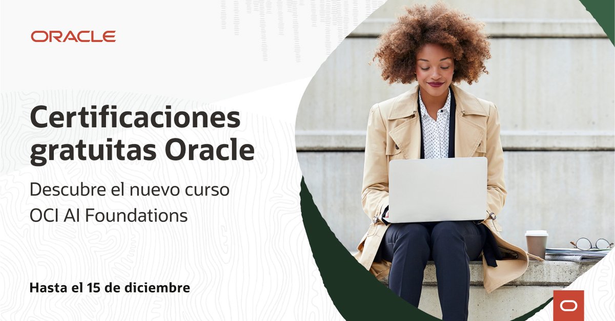 ¡Volvieron las #certificaciones gratuitas Oracle! Ahora recargadas con lo último en #InteligenciaArtificial. Conoce el nuevo curso #OCI #AI Foundations🧑‍🎓y +25 programas disponibles para todos los niveles. #Gratis hasta el 15 de diciembre. Regístrate social.ora.cl/6017usS35