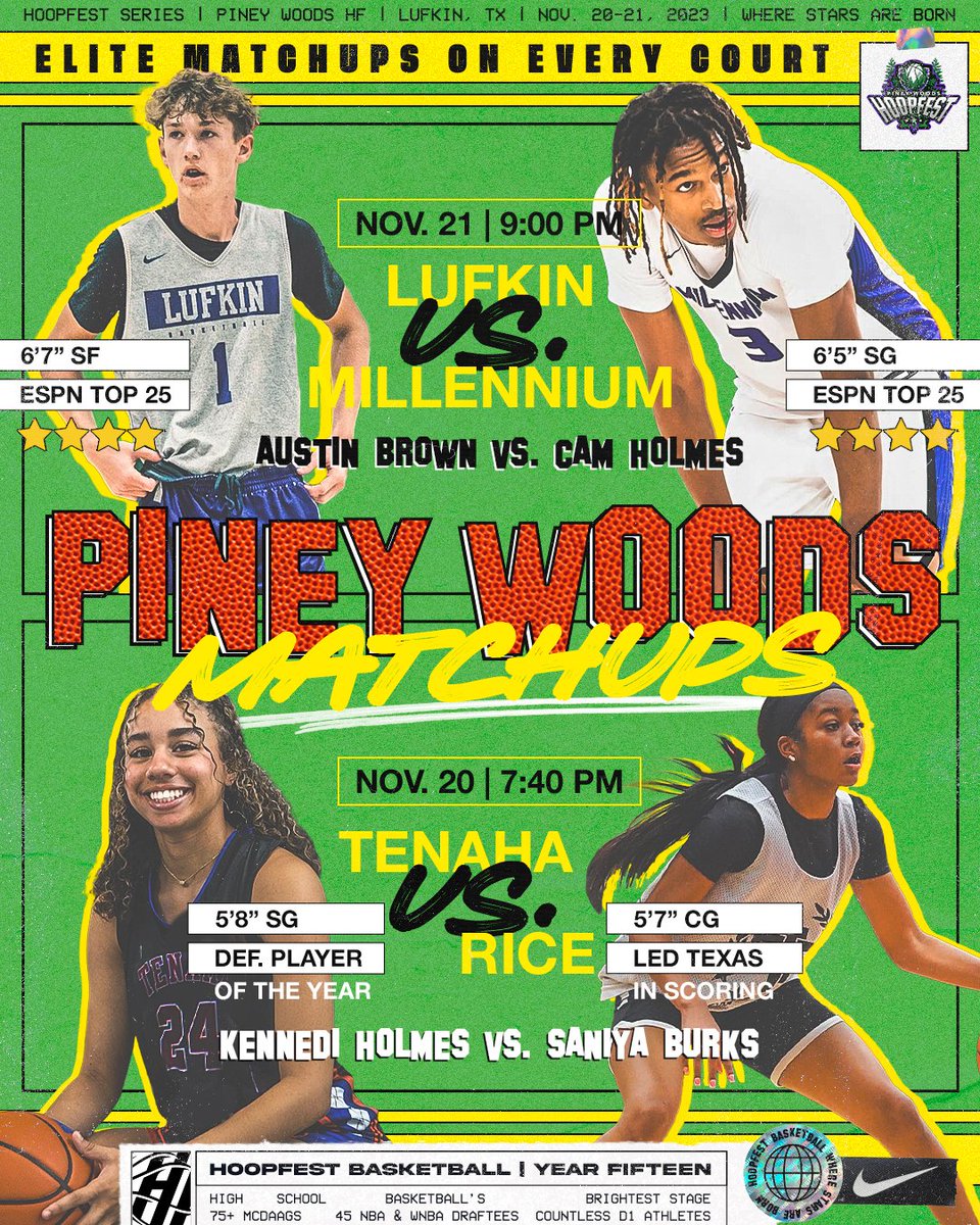 HoopfestB's tweet photo. 𝗣𝗶𝗻𝗲𝘆 𝗪𝗼𝗼𝗱𝘀 𝗺𝗮𝘁𝗰𝗵𝘂𝗽𝘀 𝗮𝗿𝗲 𝗨𝗡𝗗𝗘𝗙𝗘𝗔𝗧𝗘𝗗.

Check out the full schedule, and get your tickets now! Piney Woods Hoopfest kicks off in less than two weeks! 

🗓️ Nov. 20-21, 2023
🏟️ Lufkin HS
🎟️ https://t.co/Kgcla7HwmR

#WhereStarsAreBorn https://t.co/AFXQqAKcO8