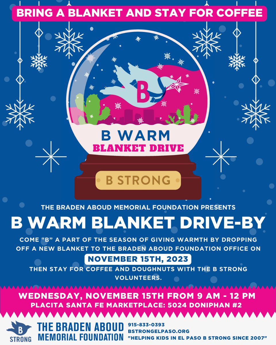 Next week, join us for our #BWARM Blanket Drive-By event at the Foundation office, to help us help the borderland "B" warm this winter season.
Stop by to drop off a new blanket, stay for a cup of coffee and good company. We hope to see our #BSTRONG family next Wednesday!