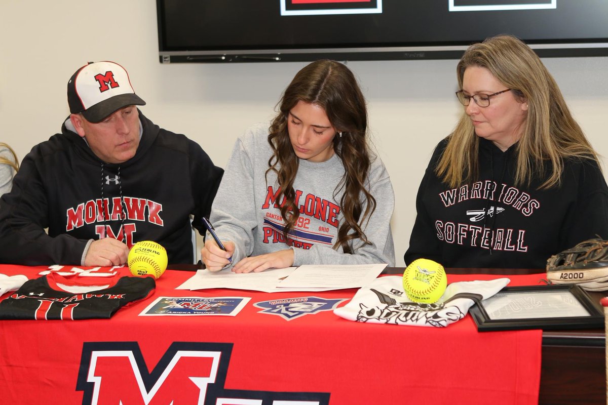 Softball_Mohawk's tweet photo. Congratulations to our #11, Aricka Young '24, for committing to continue her academic and softball careers at Malone University! 
Malone is getting one of the best people, players, teammates, and leaders ❤️🖤 https://t.co/6xGPDy5rTm